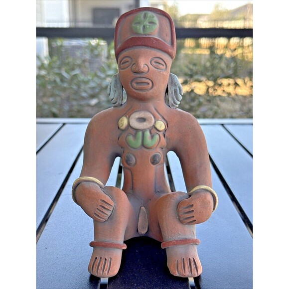 Vintage Folk Art Mayan Aztec God Mexico Pottery Terracotta Statue Fertility 7.5” - Picture 1 of 7